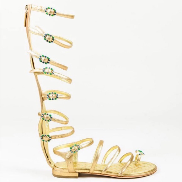 Chanel Leather Knee High Gripoix Embellished ‘CC’ Logo Gold Gladiator Sandals - Picture 5 of 9
